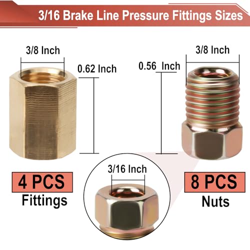 3/16 Brake Line Pressure Fittings, 12 Pieces 3/8 Inch Brake Line Fittings | 24 Threads Brass Brake Line Fitting Assortment for 3/16 Inch Brake Line Tube (4 Unions, 8 Nuts) - size: 3/8 Inch (pack of 1)