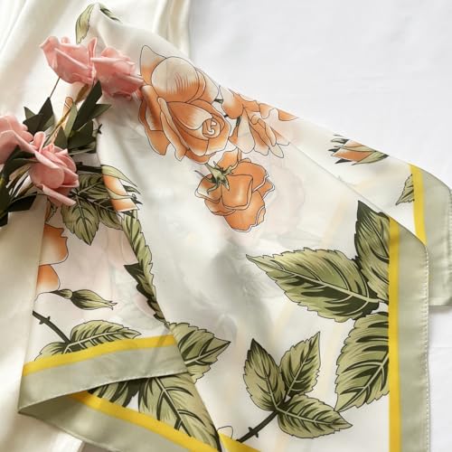 FONYVE Silk Feeling Scarf Medium Square Satin Head Scarf for Women 27.5 × 27.5 inches - color: 03 Orange & Greyish-green Floral