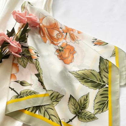 FONYVE Silk Feeling Scarf Medium Square Satin Head Scarf for Women 27.5 × 27.5 inches - color: 03 Orange & Greyish-green Floral