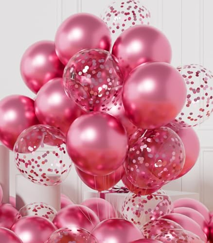 AULE Party Balloons Pack of 42 - Metallic Chrome Pink Balloons and Pink Confetti Latex Helium Balloons With 64ft Ribbons - 12 Inch Balloon Decoration Set - color: Pink