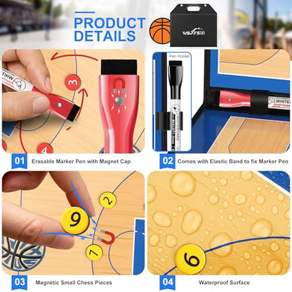 Magnetic Basketball Coaching Board | Foldable Leather Basketball Clipboard Kit for Coaches | Professional Basketball Tactic Board | Dry Erase Strategy Whiteboard | Carry Handle | Lightweight - style: Basketabll