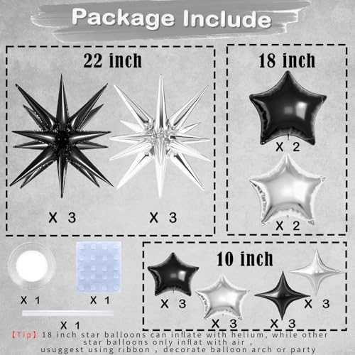22 Pcs Star Balloons,22/18/10 Inch Star Foil Mylar Balloon,Spike Balloon and Four Pointed Balloons for Party Supplies Christmas Birthday Wedding Photo Booth (Black Silver) - color: Black Silver