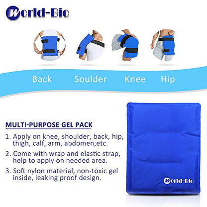 WORLD-BIO Large Gel Ice Pack Wrap for Injuries, Reusable Cold Compress Therapy Ice Pack with Straps for Swelling, Bruises, Hip, Knee Replacement Surgery, Back, Shoulder,11" x 14" Blue - size: 11x14 Inch (Pack of 1)