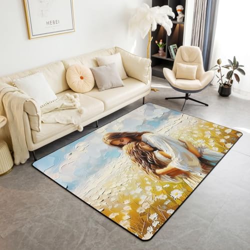 Homewish God Hugging Girl Kids Area Rug,God Healing Embrace Daisy Flowers Indoor Floor Mat Entrance Rug for Girls Boys,Modern Western Bible Verse Non Slip Rug,Blue White Couch Living Room Decor,3'x5' - color: Blue White, size: 3'3" x 4'11" (Rectangular)