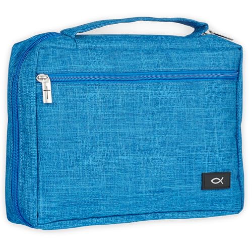 Christian Art Gifts Polyester Bible Cover for Men & Women w/Jesus Fish Patch, Zipper Pocket, Pen Loops, Easy Carry Book Case for Stationery, Accessories, Light Blue, Small - color: Light Blue/Jesus Fish, size: Small