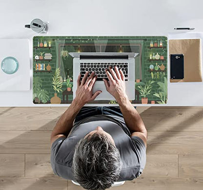 Cute Rainy Night Desk Mat Green Plants Desk Pad, Anime Black Cat Kawaii Large Gaming Mouse Pad, Moonlight Fireflies Deskmat Aesthetic Mousepad XXL, Laptop Keyboard Pad for Women Desk 31.5"x15.75" - color: Dark Green Leaves