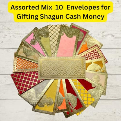 Shiney Metallic Design Paper Shagun Envelopes for Gifting Cash Sagan Lifafa Wedding, 19 X 9 cm for Diwali Birthday Wedding Anniversary Designer Invitation Envelopes - Assorted Designs (Pack of 10)