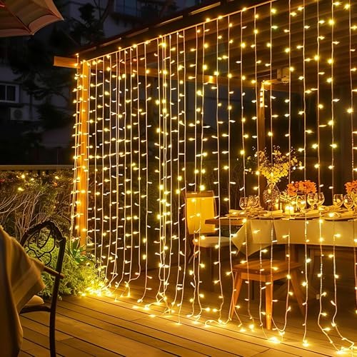 Dazzle Bright 300 LED Curtain Lights, Plug in Fairy Curtain Lights for Bedroom, Christmas Hanging String Lights Outdoor for Window Backdrop Wall Wedding Patio Indoor Dorm Party Decor, Warm White - color: Warm White