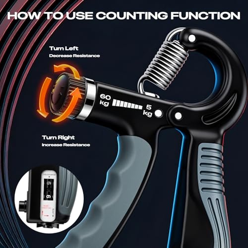 Grip Strength Trainer - Adjustable Resistance 11-132lbs/5-60kg Hand Gripper & Forearm Strengthener Device with Smart Counter for Sports & Rehab - color: black grey