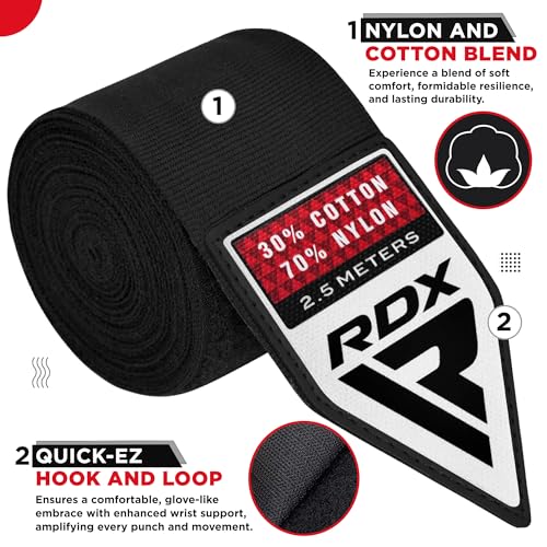 RDX Boxing Wraps Kids 2.5M Inner Gloves, Elasticated Thumb Loop Bandages, Junior Under Mitts Hand Fist Protector Wrist Support Straps, Muay Thai MMA Kickboxing Martial Arts Speed Bag Punching Training - color: BLACK