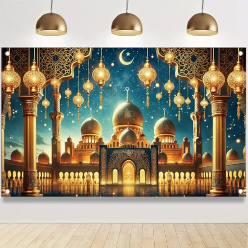 Golden Mosque Ramadan Banner 71x43 Inch Eid Mubarak Crescent Moon Lantern Islamic Architecture Wall Banner for Ramadan Eid Party Home Decoration Indoor Outdoor - color: Style 5