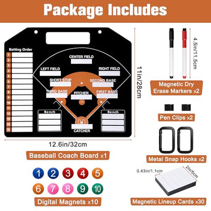 Magnetic Baseball Coach Clipboard, Anglecai Double-Sided Dry Erase Baseball Lineup Board for Softball Dugout Board Baseball Coaching Board with 30 Lineup Card/ 10 Magnet/2 Marker/2 Hook (Black) - color: Black