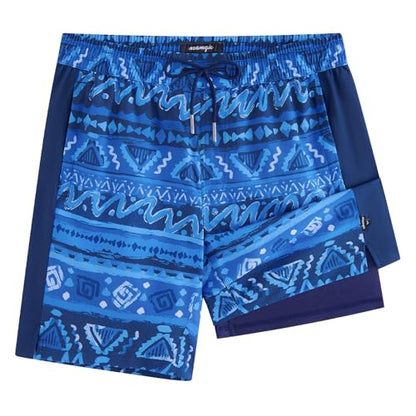 maamgic Mens Swim Trunks - Mens Bathing Suit with Compression Liner 7 Inch Quick Dry Fshion Stretch Zipper Pockets Swimwear - color: 2-navy Blue-navy Blue-layered Pattern, size: Small