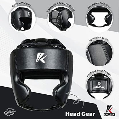 Kruzak Unisex Boxing Headgears - MMA Training, Adjustable Padded, Kara,Muay Thai Headgear, Kickboxing, Sparring, Martial Arts, Karate, Taekwondo MMA Body Equipment - color: Black, size: Small-Medium