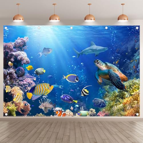 12x8ft Under The Sea Photography Backdrop Ocean Background | Underwater World, Baby Shower Party Supplies, Aquarium Coral Banner, Birthday Photo Booth, Polyester, Grommets, 1PC - size: 12'x8'