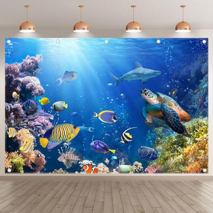 12x8ft Under The Sea Photography Backdrop Ocean Background | Underwater World, Baby Shower Party Supplies, Aquarium Coral Banner, Birthday Photo Booth, Polyester, Grommets, 1PC - size: 12'x8'