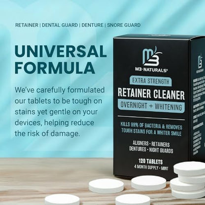 Overnight + Whitening Retainer Cleaner, Remove Stains, Discoloration, and Plaque | 4 Month Supply | Denture Cleanser with Whitening Boost,120 Tablets by M3 Naturals (Pack of 2) - size: 120 Count (Pack of 2)