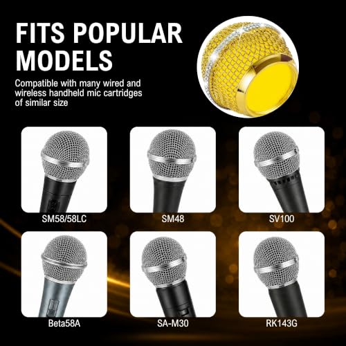 Bling Gold Mic Cover with Crystal Band for SM58/Beta58, 4-Pack | Mic Head Covers Use Sparkle 24K-Plated Metal Mesh with Silver Rhinestone Band and Inner Foam Filter to Shine the Vocal Kit