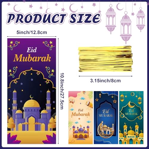 Eid Mubarak Gift Bags, Eid Goodie Bags, Ramadan Goodie Bags, Eid Mubarak Plastic Cellophane Treat Bags Candy Cookie Snack Goody Bag with Ties for Islamic Muslim Eid Mubarak Party Favor Supplies, 50Pcs
