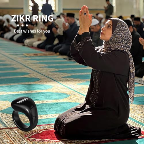 Smart Tasbih Zikr Ring,Adjustable Counter, 3 Sizes (18,20,22mm) Muslim Digital Azan Alarm Clock,APP Support Digital Counter Prayer Reminder Rings, Waterproof 5 Digit Finger Counter zikr Ring - color: Black