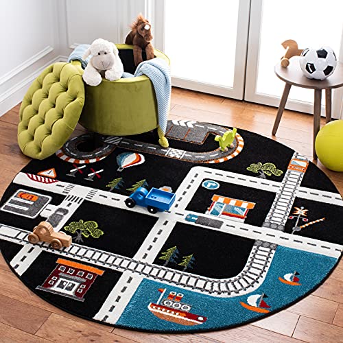 SAFAVIEH Carousel Kids Collection 4' Round Black/Ivory CRK192Z Neighborhood Road Non-Shedding Playroom Nursery Bedroom Area Rug - color: Black/Ivory, size: 4' (Round)