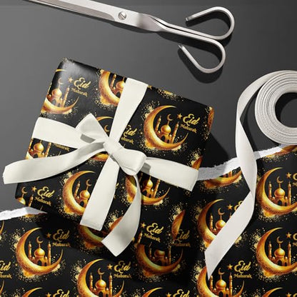 Altarho Eid Wrapping Paper Roll - Black Gold Crescent Moon Mosque Islamic Eid Mubarak Gift Wrap Design for Muslim Festival Holiday Celebration Total 28.5 sq.ft