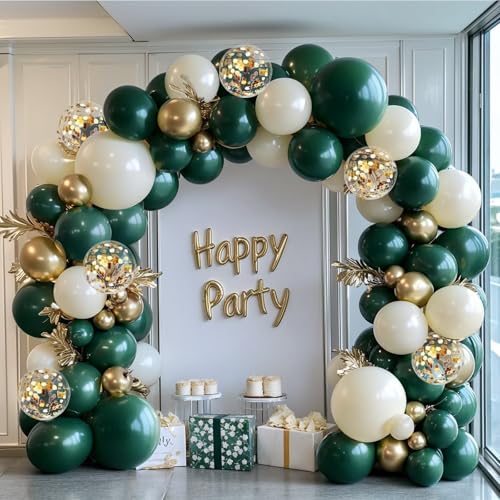 Emerald Green and Gold Balloons Arch Kit, Double Stuffed Dark Hunter Forest Green Pearl Sand White Metallic Gold Balloons for Wedding First Communion Birthday Graduation Party Decorations - color: Green White Gold