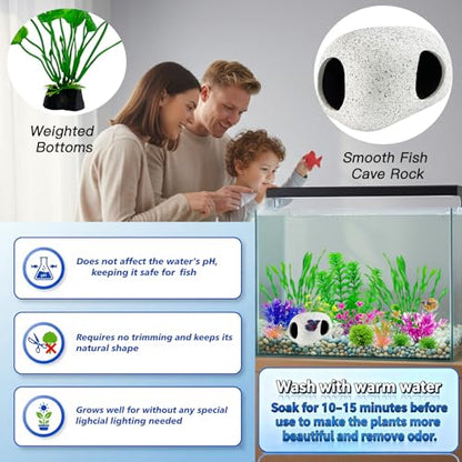 Aquarium Decorations Set, 16Pieces Artificial Plastic Plants & Smooth Fish Cave Rock, Non-Damaging Ornaments for Fish Tank with Gift Box Packaging, Goldfish & Betta Fish Tank Accessories