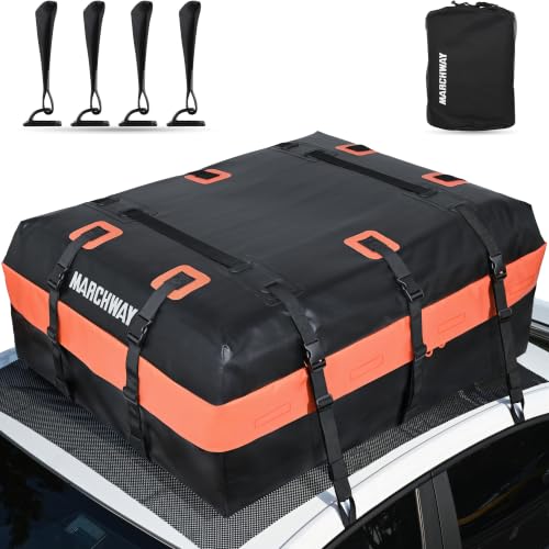 MARCHWAY Waterproof Car Roof Luggage Bag, Weatherproof Soft Shell Rooftop Cargo Carrier Bag for Vehicles with or Without Rack. 6 Door Hooks, Anti Slip Mat, Lock Included (15 Cubic Feet, Orange) - size: 15 Cubic Feet, Orange