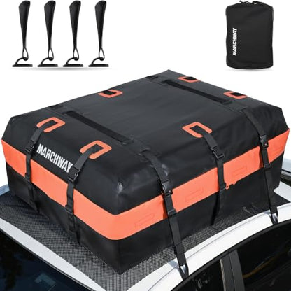 MARCHWAY Waterproof Car Roof Luggage Bag, Weatherproof Soft Shell Rooftop Cargo Carrier Bag for Vehicles with or Without Rack. 6 Door Hooks, Anti Slip Mat, Lock Included (15 Cubic Feet, Orange) - size: 15 Cubic Feet, Orange