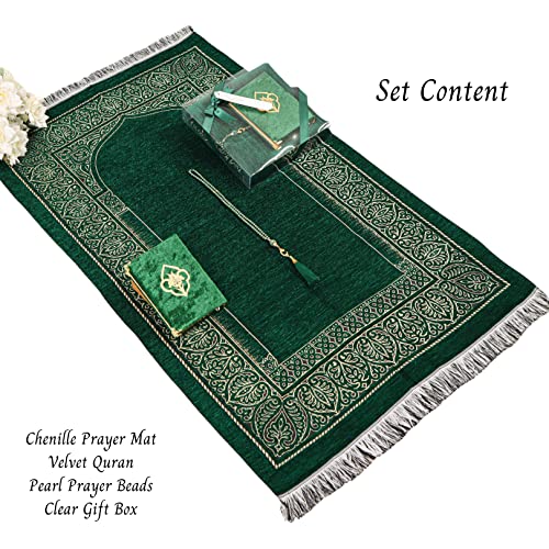 IEF Personalized Prayer Rug Quran Prayer Beads Islamic Gift Set, Ramadan Eid Wedding Birthday Mother's Day Father's Day Anniversary Day Gifts - color: Green