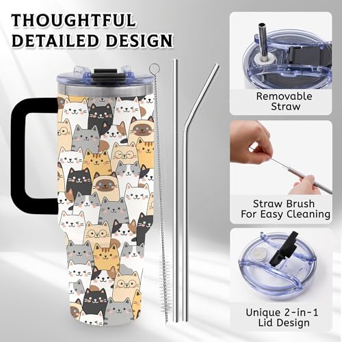 40oz Cats Tumbler Gifts for Women, Cute Cat Water Bottle with Handle & Straw - color: ColorCats-Black