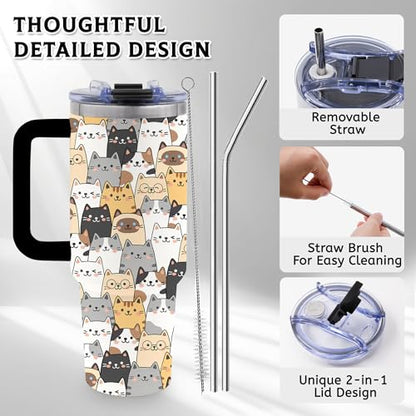 40oz Cats Tumbler Gifts for Women, Cute Cat Water Bottle with Handle & Straw - color: ColorCats-Black