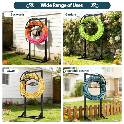 Garden Hose Holder Stand, BOLITE Metal Hanger with Storage Basket, 150ft | Heavy Duty, Freestanding Detachable, Water Hose Holder with Storage Basket, 4 Spikes, Storage Rack for Outside Yard Lawn Farm - style: Freestanding with Bracket