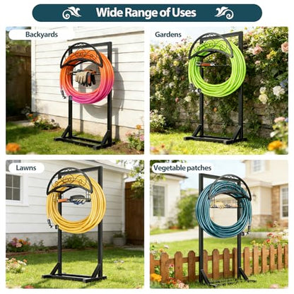 Garden Hose Holder Stand, BOLITE Metal Hanger with Storage Basket, 150ft | Heavy Duty, Freestanding Detachable, Water Hose Holder with Storage Basket, 4 Spikes, Storage Rack for Outside Yard Lawn Farm - style: Freestanding with Bracket