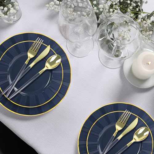 150Pcs Plastic Plates with Gold Rim,Heavy Duty Blue Plates for 30 Guests,Plastic Dinnerware Set Include 30 Dinner Plate,30 Dessert Plate,90 Gold Cutlery Set for Party (Blue) - color: Blue