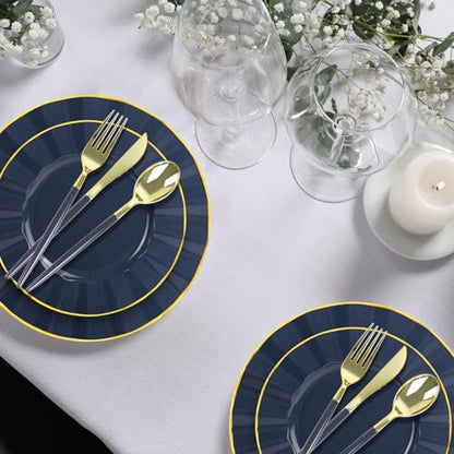 150Pcs Plastic Plates with Gold Rim,Heavy Duty Blue Plates for 30 Guests,Plastic Dinnerware Set Include 30 Dinner Plate,30 Dessert Plate,90 Gold Cutlery Set for Party (Blue) - color: Blue
