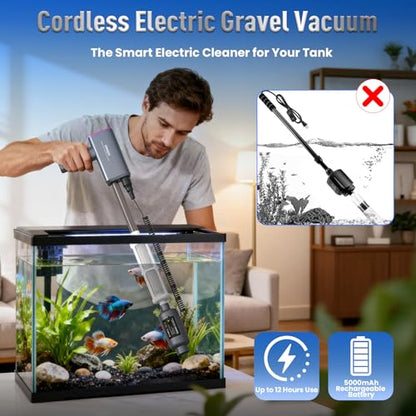 Cordless Aquarium Gravel Cleaner: 36W Electric Fish Tank Vacuum Cleaner | Rechargeable & 4 Adjustable Suction, Anti-Clog for Debris Clean & Sand Washing,Automatic Water Changer for 10-75 Gallon Tank