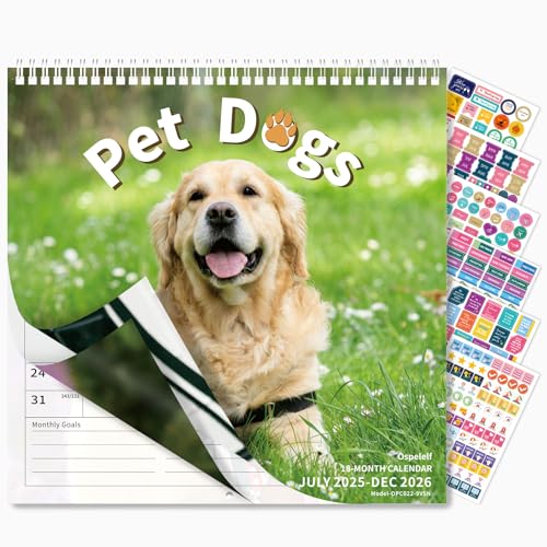Ospelelf Wall Calendar 2025-2026 Dog Calendar 12'' x 12'' Monthly Desk Calendar 18 Month Family Calendar, Use July 2025 - Dec 2026 - color: Dogs (July 2025 - Dec 2026)