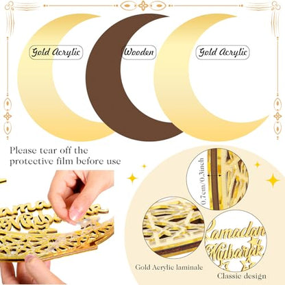 DoubleFill Acrylic Wooden Islamic Ramadan Decoration - 10 Inch Eid Tabletop Decors Ramadan Mubarak Centerpiece Islamic Mosque Muslim Table Sign Decoration Home Decor for Gift Eid Tabletop(Gold)