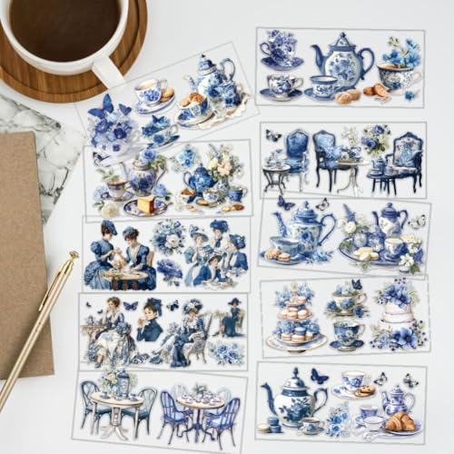 12 Pcs Blue Retro UV DTF Cup Wraps, 4.3 x 9.4 Inch Afternoon Tea UV DTF Transfer Stickers Waterproof Rub on Transfer Decals for 16OZ Glass Bottle Vase Furniture Crafts - style: Retro Afternoon Tea