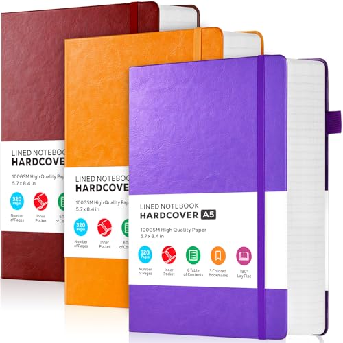 FOCUS DAY 3 Pack Lined Journal Notebooks, A5 Thick Notebook Journal Set for Work Writing, 320 Pages Hardcover Leather Bound Notebook Bulk for Women Men Office School, 5.7'' X 8.4'', Multicolor - color: Purple-Burgundy-Orange, size: A5