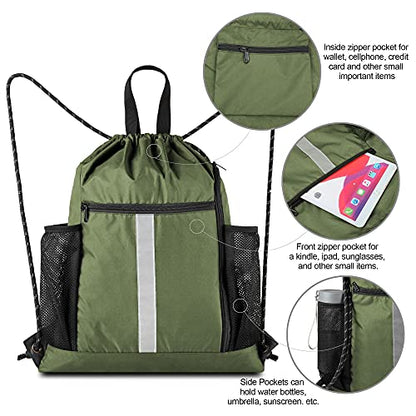BeeGreen Moss Green Drawstring Bag Pack Sport Cinch Sack with Shoe Compartment and Two Side Mesh Pockets Heavy Duty Gym String Backpack for Unisex - color: Moss Green, style: Drawstring With Shoe Compartment