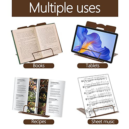 Metal Book Stand Adjustable Book Holder for Reading | Portable & Sturdy For Textbooks Cookbooks Sheet Music Papers Study - color: Full Brown