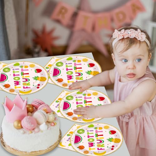 Qyeahkj 48Pcs Twotti Frutti Paper Plates and Napkins Summer Fruit 2nd Birthday Party Decorations Second Birthday Party Supplies Summer Fruit Disposable Tableware Set for Kids Boys Girls Serve 24 - style: Twotti Frutti