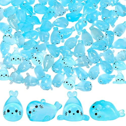 100pcs Glow-in-The-Dark Mini Resin Ocean Animal Decorations – Luminous Seal Figurines for Fairy Garden, Aquarium, Potted Plants, Desk Display & DIY Crafts – Not a Toy