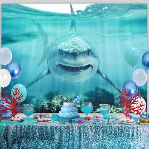 Shark Under The Sea Backdrop 10x7ft Fabric Underwater World Backdrops for Photography Ocean Coral Reef Shallows Aquarium Background Theme Party Decorations Banner Birthday Photo Studio Props - size: 10x7FT