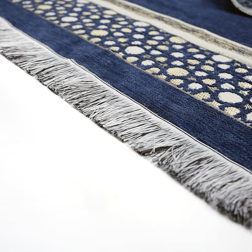 Muslim Thin Chenille Islamic Prayer Mat - Selcuk Star 3 Person (Navy Blue) - color: Navy Blue