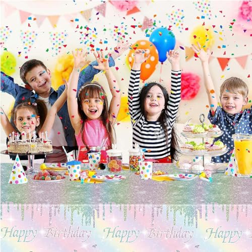 Kesfey Rainbow Birthday Tablecloths Pastel Silver Glitter Table Cover | 54×108 Inch,Silver Sprinkle Rainbow Tie Dye,Disposable, Waterproof, Rectangle Table Cover, Party Supplies Decoration - color: Rainbow Birthday