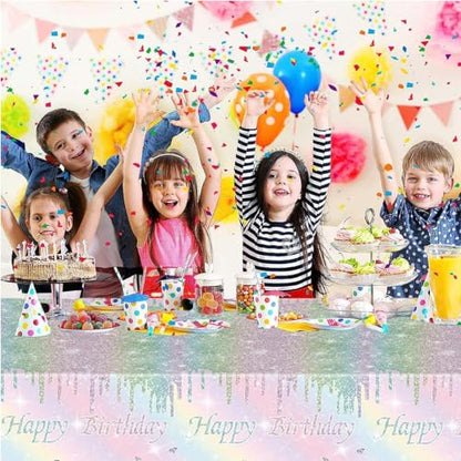 Kesfey Rainbow Birthday Tablecloths Pastel Silver Glitter Table Cover | 54×108 Inch,Silver Sprinkle Rainbow Tie Dye,Disposable, Waterproof, Rectangle Table Cover, Party Supplies Decoration - color: Rainbow Birthday